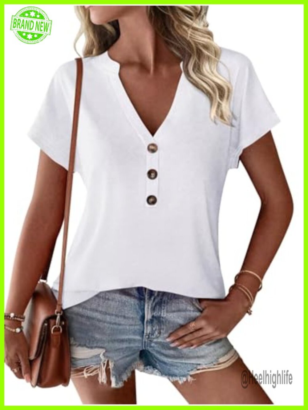 Womens V Neck Henley Top Short Sleeve Button Summer Casual Shirt